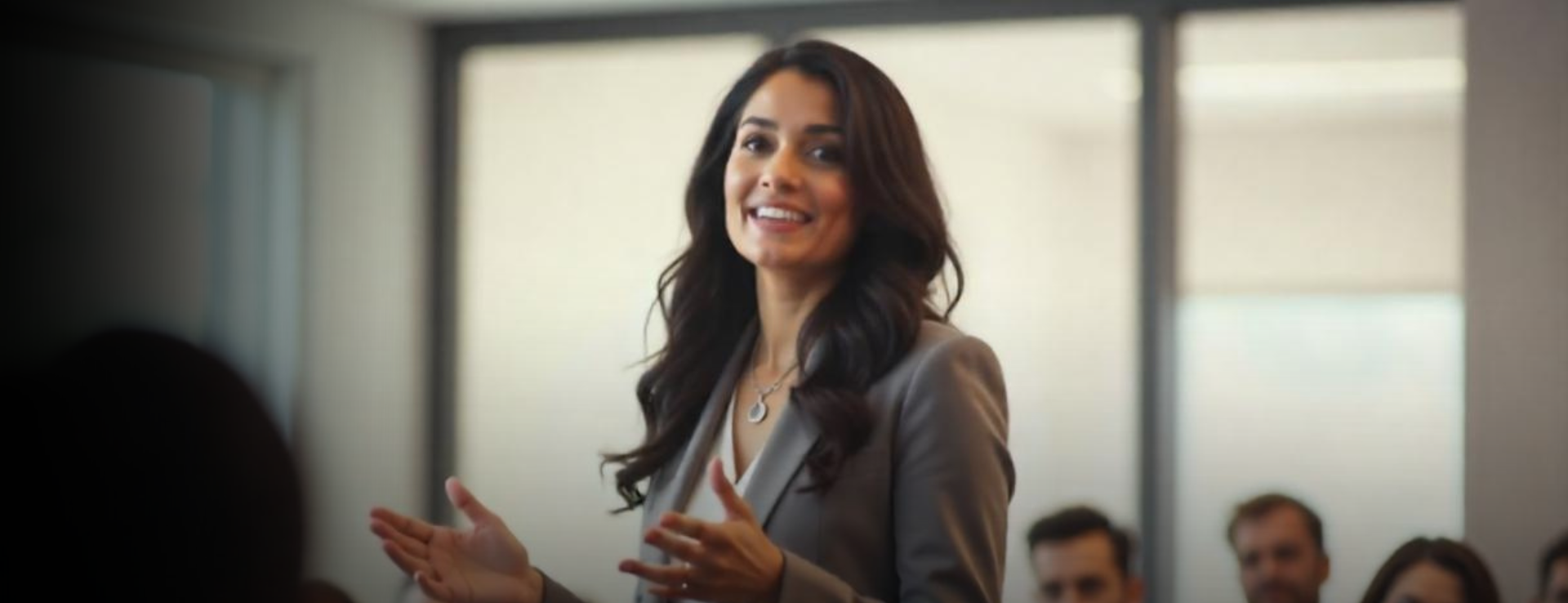 Business woman smiling delivering a speech